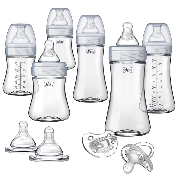 Chicco Duo Deluxe Hybrid Baby Bottle Starter Gift Set with Invinci-Glass Inside and Plastic Outside | Dishwasher, Bottle Warmer, and Electric Sterilizer Safe | Intui-Latch Nipple | Clear/Grey-BubblyBeeBaby