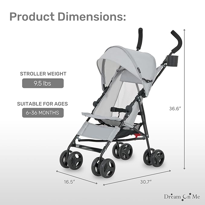 Dream On Me Rover Convenience Baby Stroller in Gray, Lightweight & Compact Umbrella Stroller, Easy one-Hand fold Travel Stroller, Lockable Rear Wheels, Removable & Adjustable Canopy-BubblyBeeBaby