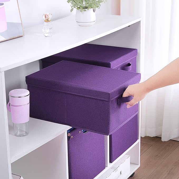HOONEX Storage Bins with Lids for Organizing, Pack of 2, Storage Boxes with 2 Carry Handles and Sturdy Heavy Cardboard, 16.5" L x 11.8" W x 7.5" H for Shoes, Books, Clothes, Nursery, Dark Purple-BubblyBeeBaby