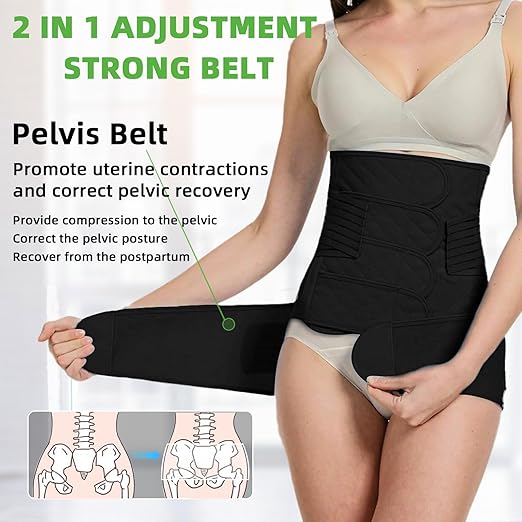 2 in 1 Postpartum Belly Band Wrap Black, C-Section Support Belt Large, Post Partum Support Recovery Waist/Pelvis Belt, Hysterectomy Belly Band Binder Girdle Stomach-BubblyBeeBaby
