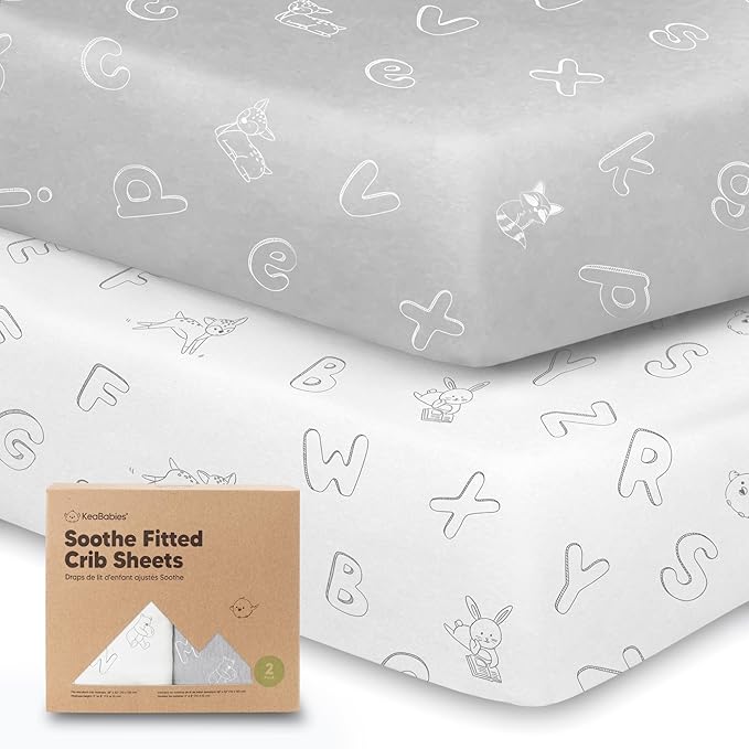 KeaBabies 2-Pack Organic Crib Sheets for Boys, Girls - 52x28 Fitted Crib Mattress Sheet Neutral, Breathable Jersey Cotton Cover for Baby Bed, Toddler Mattress, Soft & Cute Prints (ABC Land Cloud)-BubblyBeeBaby