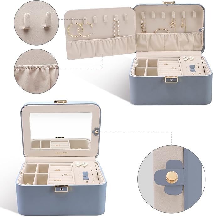 KAMIER Jewelry Organizer Box, 2 Layers PU Leather, Large Capacity, Double Lock and Large Mirror, Hidden Necklace Hooks, Removable Dividers, Gift Box Packaging,Bluish Grey-BubblyBeeBaby