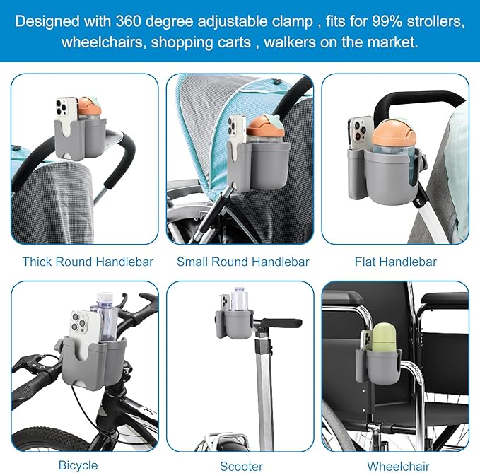 Accmor Stroller Cup Holder with Phone Holder, Bike Cup Holder, Universal Cup Holder for Uppababy Nuna Doona Strollers, 2-in-1 Cup Phone Holder for Stroller, Bike, Wheelchair, Walker, Scooter-BubblyBeeBaby