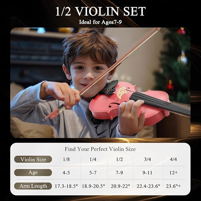 1/2 Violin Kit, Beginner Violin for Kids, Students, Complete Kids Violins Set with Case, Bow, Rosin, Ideal for Kids Violins Beginner Ages 5-9, Rose Pink-BubblyBeeBaby