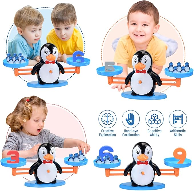 BAKAM Penguin Balance Scale Number Counting Blocks Games for Kids Ages 3-5, Montessori Math Games for Kids 5-7, Preschool Kindergarten Learning Activities, STEM Educational Toys for 3+ Year Old-BubblyBeeBaby