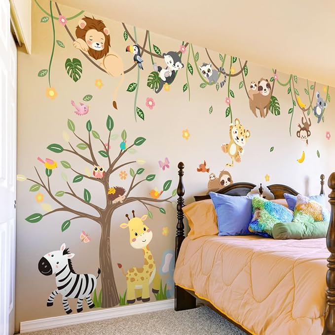 iMagitek Large Jungle Animals Tree Wall Decals Safari Animals Climbing Trees Wall Stickers Elephant Giraffe Lion Sloth Wall Stickers for Baby Nursery Kids Room Playroom Classroom 90.94" x 62.59"-BubblyBeeBaby