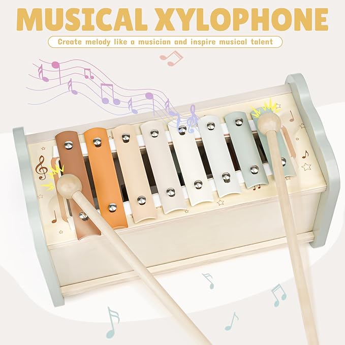 Joyreal Wooden Montessori Toys for 1 Year Old - Hammering Pounding Toy with Xylophone & Fishing Game - Educational Toddler Activities for 1 2 3 Year Old Christmas Birthday Gifts-BubblyBeeBaby