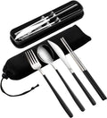 VANRA 4-Piece Portable Travel Utensils Set with Case 18/8 Stainless Steel Flatware Set Reusable Cutlery Set with Fork Spoon Knife Chopstick for Lunch Travel Camping School Work Picnic (Black)