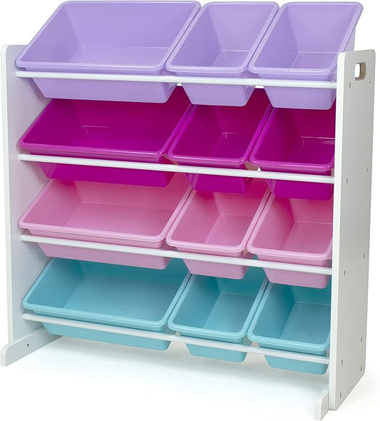 Humble Crew Kids Toy Storage Organizer with 12 Plastic Bins, White/Pink/Purple/Turquoise – Removable Bins for Playroom, Bedroom, Toddler Furniture for Boys and Girls Ages-BubblyBeeBaby
