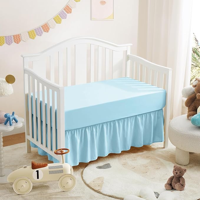 Horbaunal 2 Pack Crib Skirt & Crib Bed Sheet Set, Aqua Blue Crib Bed Skirt 28" x 52" with 14" Drop Dust Ruffle, Soft Microfiber Toddler Bedskirt Nursery Bedding Skirt for Baby Girls and Boys-BubblyBeeBaby
