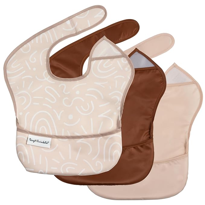 Tiny Twinkle Mess Proof Baby Bibs for Eating - Waterproof, Wipeable Bibs - Toddler Bibs - Travel Friendly - PFAS, PVC, BPA, Phthalate Free - Baby Food Bibs(3 Pack,Zen Garden)-BubblyBeeBaby