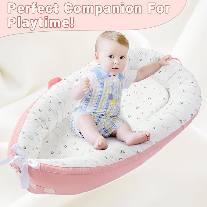 JOLLITO Baby Lounger for Newborn, Breathable Soft Baby for Baby 0-24 Months,Baby Play Mat, Portable Infant Lounger Baby Floor Seat for Home and Travel,Babies Essentials Gifts-BubblyBeeBaby