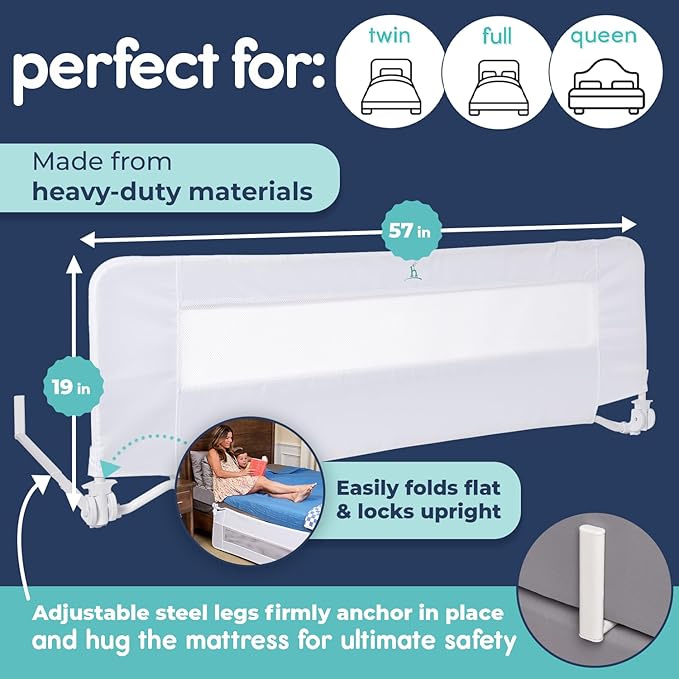 hiccapop 57" x 19" Extra Long Bed Rail for Toddlers, Heavy Duty Swing Down Bed Rail Guard with Soft Mesh Cover Safely Fits Twin, Full, Queen Beds-BubblyBeeBaby