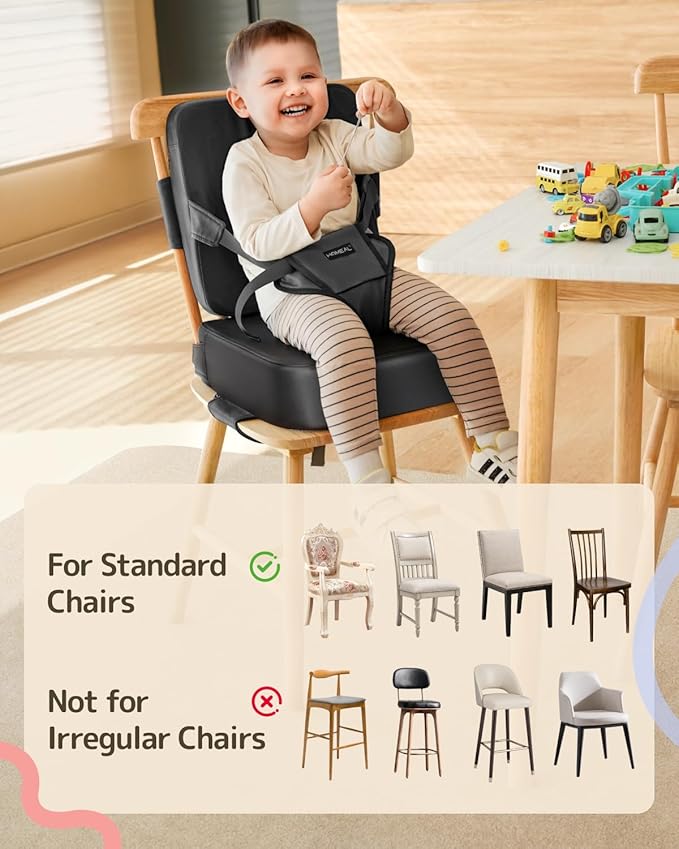 HOMEAL Booster Seat for Kitchen Chair, Breathable Toddler Booster Seat for Dining Table with Backrest and Adjustable Straps, Portable Travel Toddler Booster Seat, Dark Grey-BubblyBeeBaby