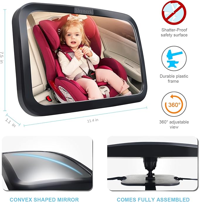 Shynerk Baby Car Mirror, Safety Car Seat Mirror for Rear Facing Infant with Wide Crystal Clear View, Shatterproof, 360° Rotation, Crash Tested and Certified-BubblyBeeBaby