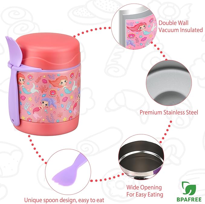 10oz Soup Thermo for Hot Food Kids,Lunch Thermo Kids Food Jar with Spoon Hot Insulated Food Containers,Leak Proof Stainless Steel Wide Mouth Lunch Food Thermo Jar for School(Pink-Mermaid)-BubblyBeeBaby