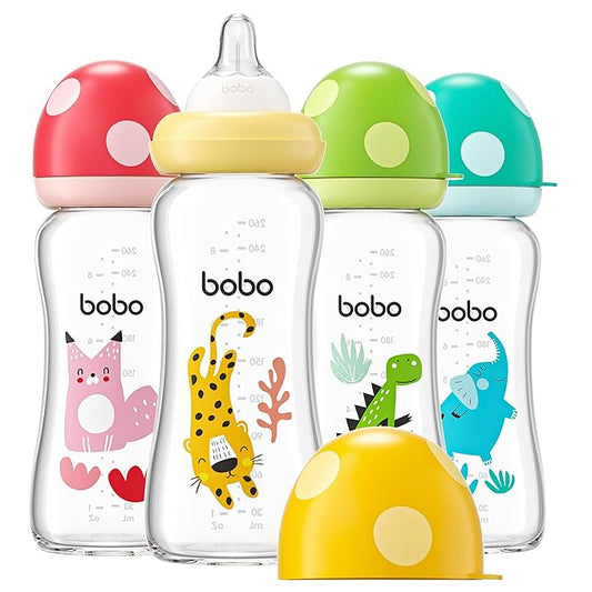 YOHKOH Natural Glass Baby Bottle with Natural Response Nipple, Newborn Anti-Colic Baby Bottles, Wide Neck Mushroom Cap Baby Bottle, Clear (8.8ounce (Pack of 4), Multicolour2)-BubblyBeeBaby