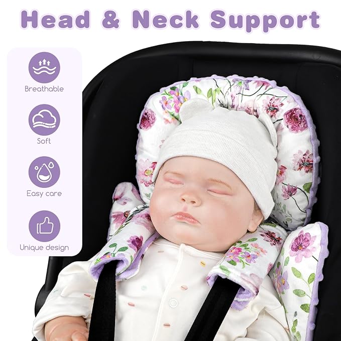 3-in-1 Infant Car Seat Insert, Soft Head and Body Support,Ultra & Strap Covers Set, Reversible Newborn Car Seat Cushion Pad for Baby Boy & Girl fits Stroller, Swing, Bouncer (Purple Flowers)-BubblyBeeBaby