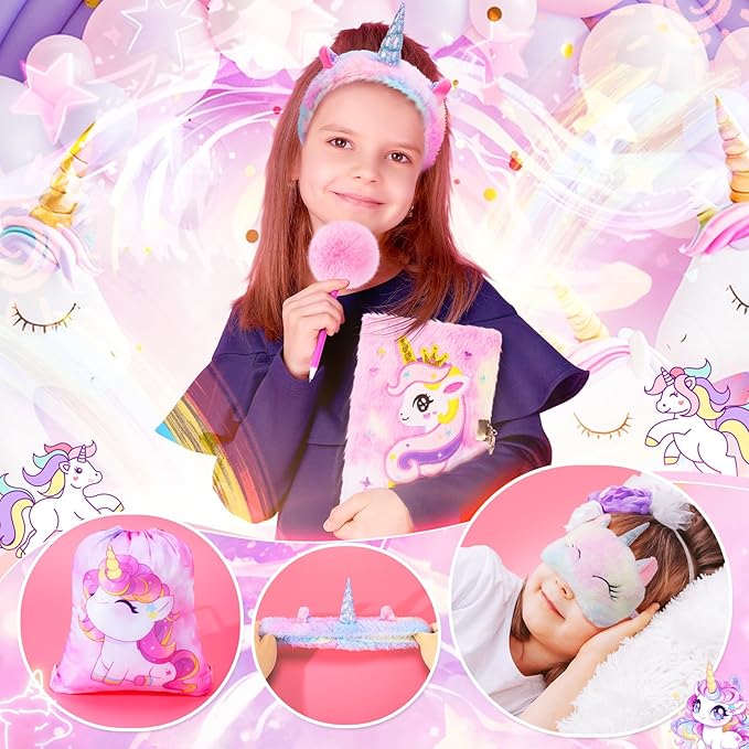 13PCS Unicorns Gifts for Girls Kids Toys 3 4 5 6 7 8 9 10 Years Old with Stationery Plush Diary with Lock/Glowing Blanket/Eye Mask/Crossbody Bag Teen Girl Birthday Christmas Unicorn Toy-BubblyBeeBaby