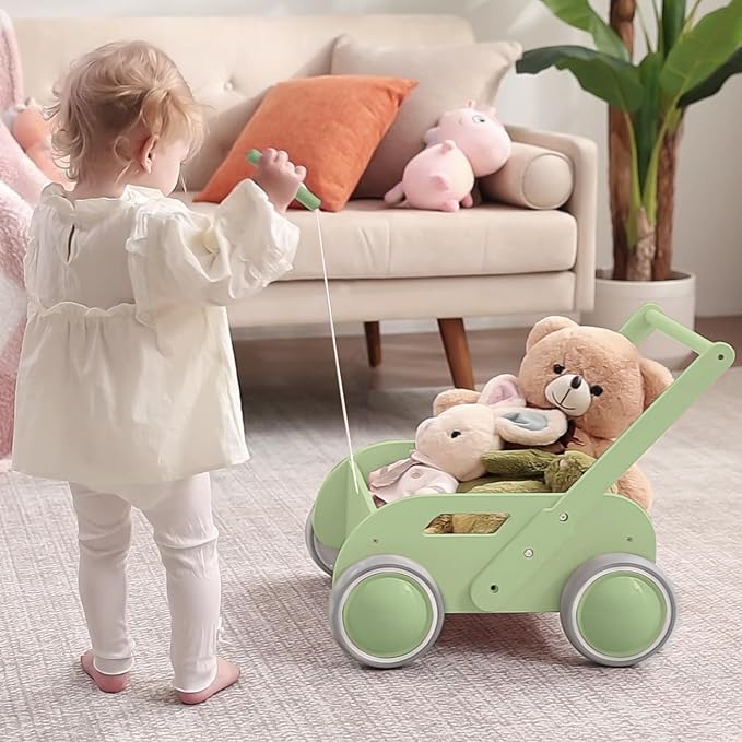 2025 HOMEKOL Wooden Baby Walker,Baby Push Walker, Adjustable Speed Baby Walker for Boys and Girls, Baby Activity Center, Gift for Birthday, Christmas and New Year Nature Green-BubblyBeeBaby