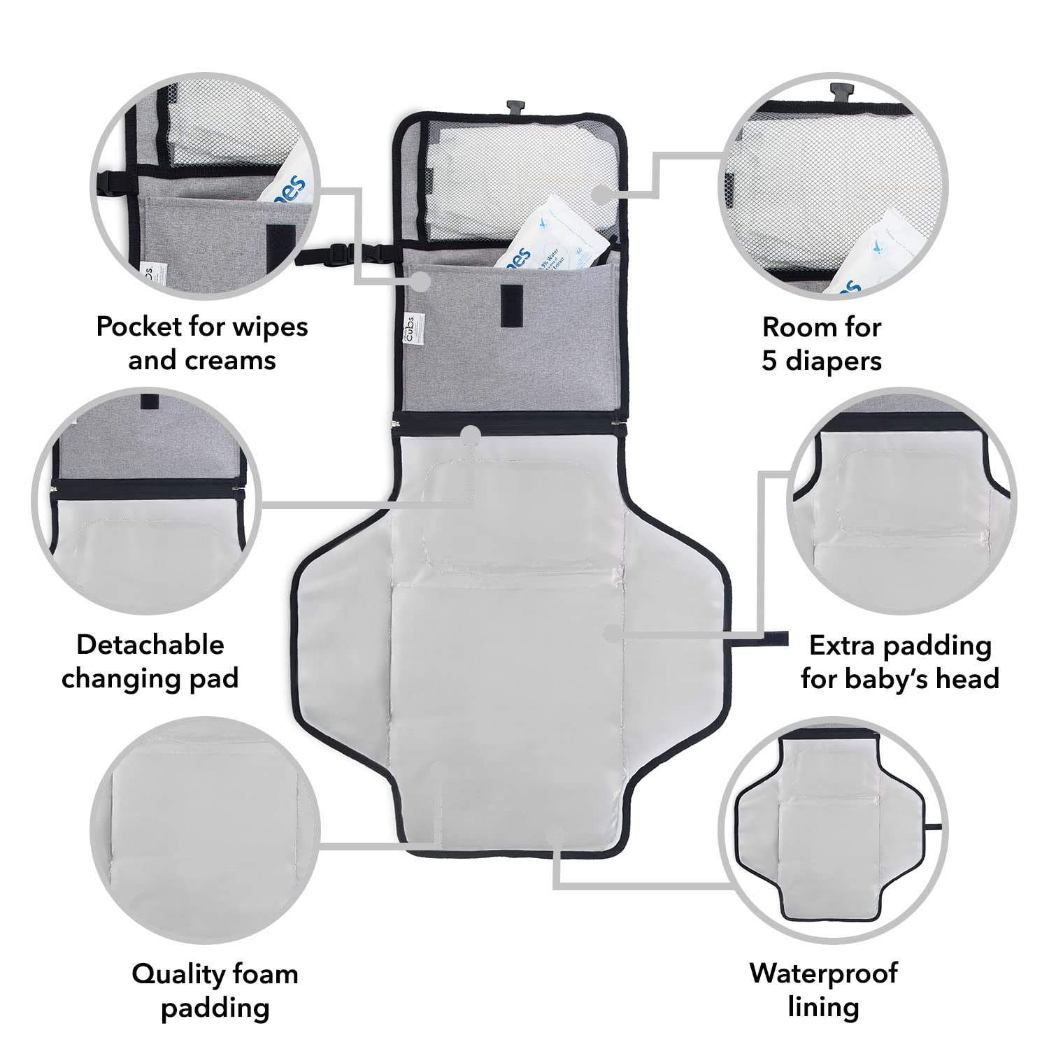 Comfy Cubs Baby Changing Pad Large Size - Waterproof Diaper Changing Mat with Cushioned Pillow - Soft & Lightweight, Foldable Design for Travel - Stylish Design for Boys and Girls - Solid Grey