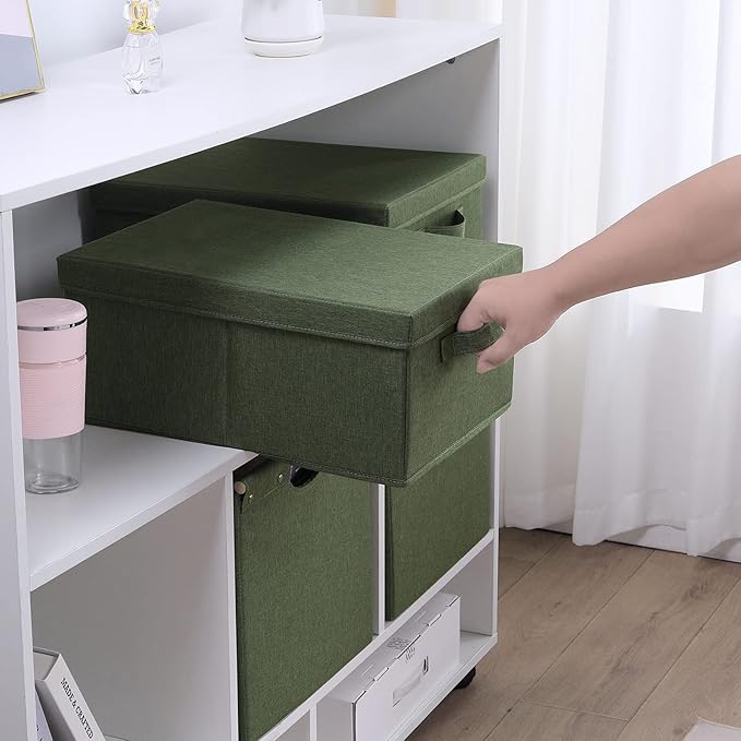 HOONEX Storage Bins with Lids for Organizing, Pack of 2, Storage Boxes with 2 Carrying Handles and Sturdy Heavy Cardboard, 16.5" L x 11.8" W x 7.5" H for Shoes, Books, Clothes, Olive-BubblyBeeBaby