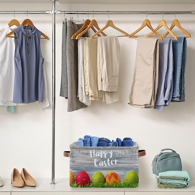 Happy Easter Eggs Storage Basket Cube Storage Bins Organizer Bag Collapsible Closet Shelf Baskets with handle for Baby Cloth Pet Toy Book 14.2×10.2×8.3 IN-BubblyBeeBaby