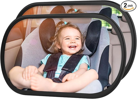 Baby Car Mirror, Safety Car Seat Mirror for Rear Facing Infant, Clear Wide View, 360°Rotation, Easily Observe the Baby Move, Secure, Shatterproof, Crash Tested and Certified (2-Pack)-BubblyBeeBaby