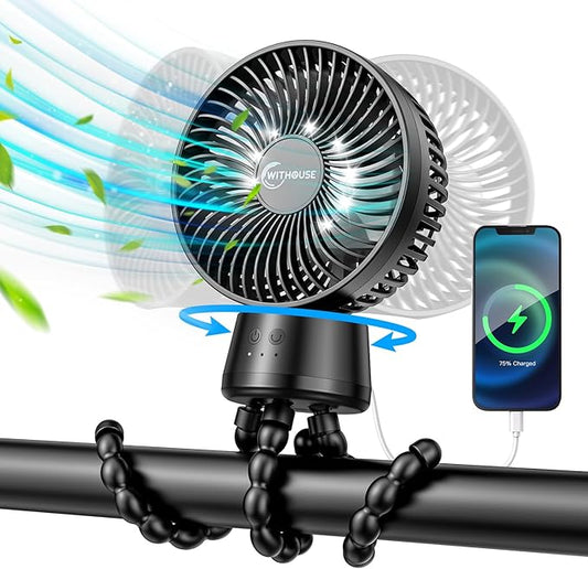 20000mAh Portable Stroller Fan, 120° Auto Oscillation, 3-IN-1 with Power Bank LED Light Detachable Flexible Tripod Rechargeable Battery Powered Clip On Fans Desk for Baby Crib Car Seat Travel-BubblyBeeBaby