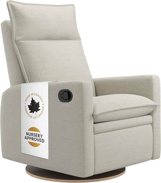 Jaymar Arya Modern Nursery Glider Recliner Chair – Cozy Nursing Chair with 360° Swivel for New Parents, Gentle Motion, Compact Design, High Back & Low Armrests, Canadian Made (Sand/Como Fabric)-BubblyBeeBaby