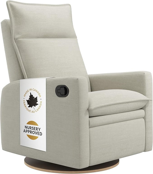 Jaymar Arya Modern Nursery Glider Recliner Chair – Cozy Nursing Chair with 360° Swivel for New Parents, Gentle Motion, Compact Design, High Back & Low Armrests, Canadian Made (Sand/Como Fabric)-BubblyBeeBaby