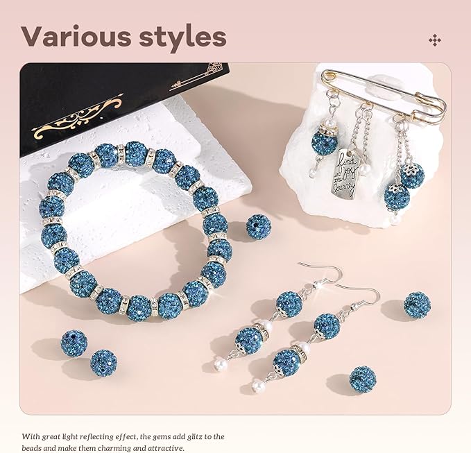 105pcs 10mm Rhinestone Beads for Jewelry Making, Blue Zircon Shiny Round Disco Ball Beads Bulk, Sparkle Crystal Clay Christmas for Bracelet Baseball Necklace Earring Crafting and DIY-BubblyBeeBaby