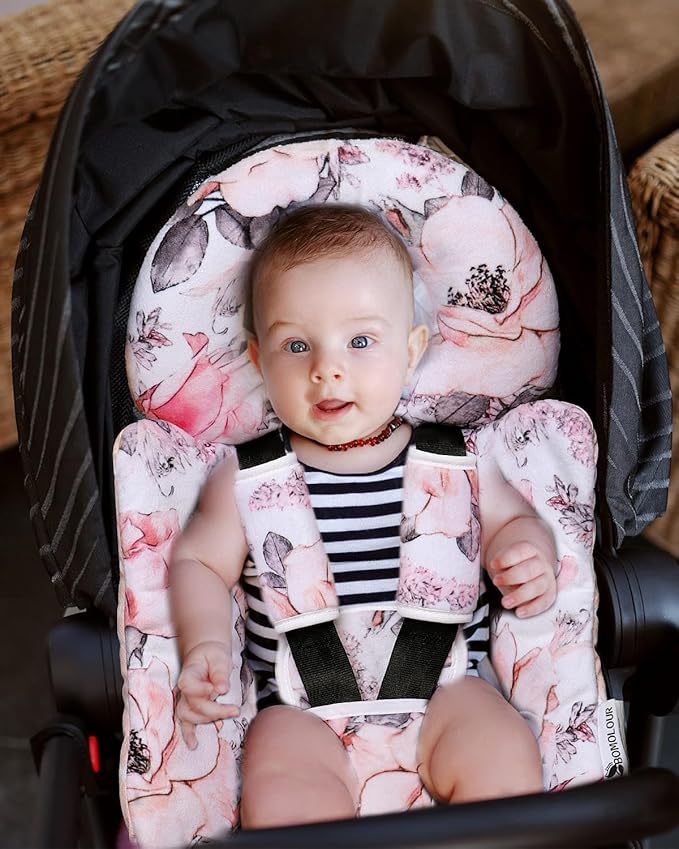 Infant Car Seat Insert, Enlarged Head Support for Baby Carseat, Reversible Newborn Insert with 3 Strap Covers, 2-in-1 Baby Car Seat Cushion for Stroller, Swing, Bouncer, Rocker - Pink Floral-BubblyBeeBaby