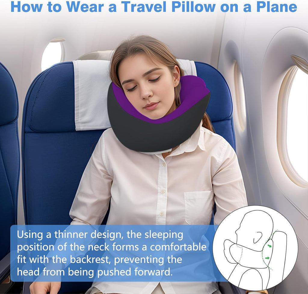 Neck Pillow Airplane, Ergonomic Memory Foam Travel Pillows for Long Flights, 3D Eye Masks, Ear Plugs and Portable Drawstring Bag, Napping Pillow for Home, Sleep Rest, Family and Travel Use