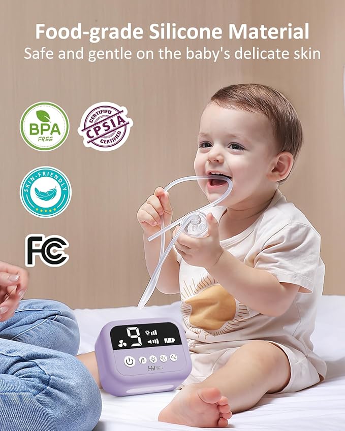 HEYVALUE Nasal Aspirator for Baby, Hospital Grade Nose Sucker with 9 Levels Suction, Night Light and Nursery Rhyme Soothing, Electric Nose Suction for Baby with Food-Grade Silicone Tips Purple-BubblyBeeBaby