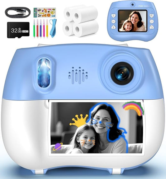 Instant Print Camera for Kids - Front Rear Dual Selfie Kid Print Camera, Fun Birthday Gift for Boys Ages 3-12, HD Digital Video Cameras, Easy to Use for Toddler - Blue-BubblyBeeBaby