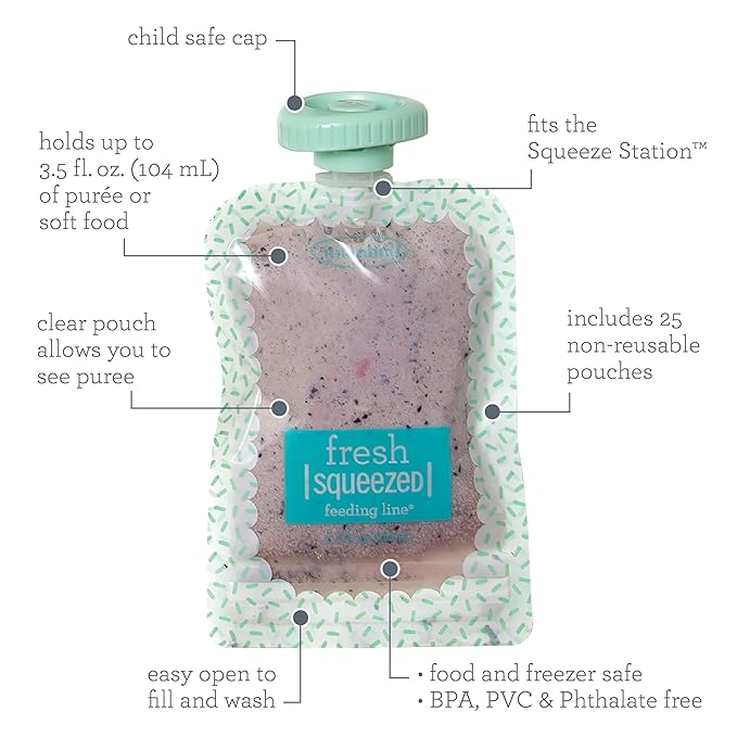 Infantino Reusable Squeeze Pouches for Homemade Baby Food, 3.5 oz, Pack of 25 - BPA, PVC, and Phthalate-Free, Freezer-Safe, with Clear Window and Labeling Space-BubblyBeeBaby