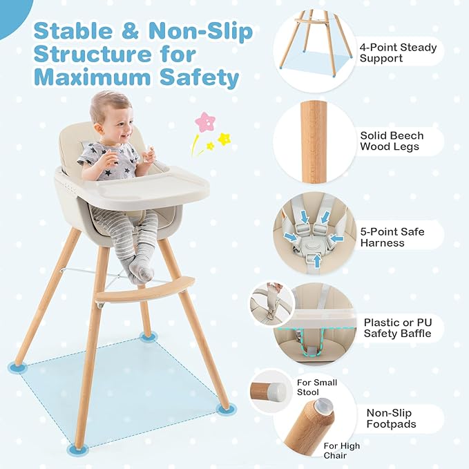 HONEY JOY High Chair, 3-in-1 Eat & Grow Wooden Highchair/Booster Seat/Toddler Chair with Removable Tray, 5-Point Harness, PU Cushion and Footrest for Baby, High Chair for Babies and Toddlers(Beige)-BubblyBeeBaby