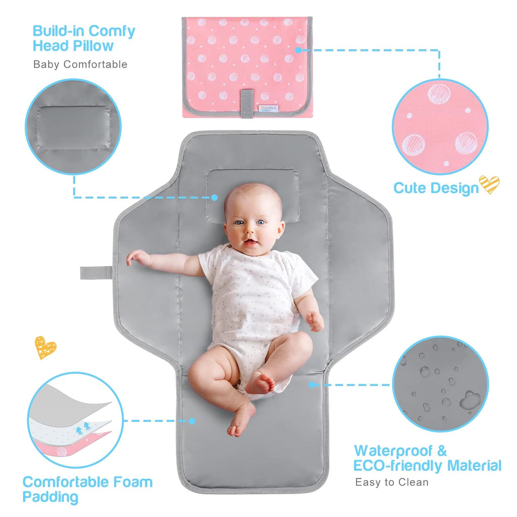 Portable Changing Pad for Baby, Compact Waterproof Diaper Mat with Built-in Cushion, Pink
