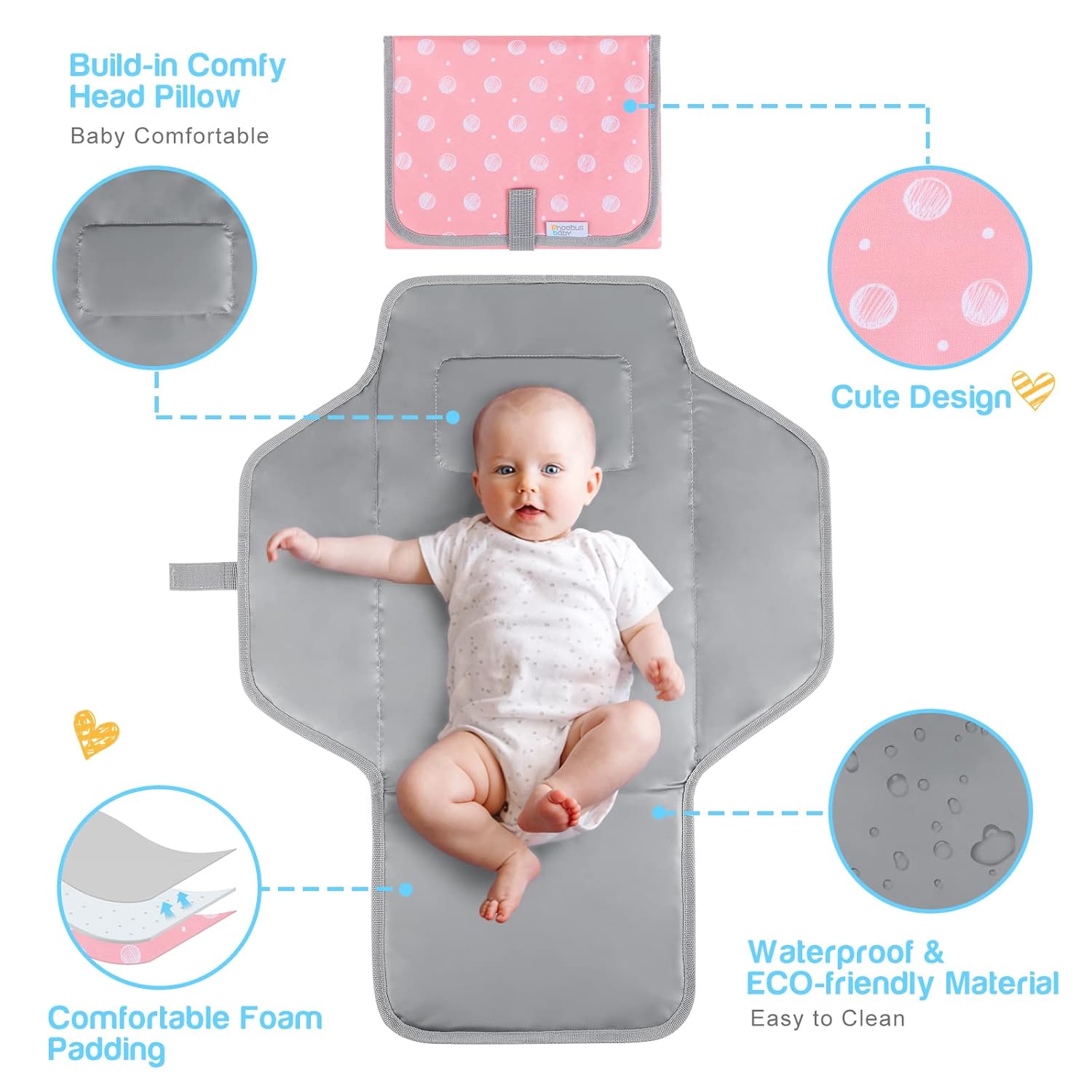 Portable Changing Pad for Baby, Compact Waterproof Diaper Mat with Built-in Cushion, Pink