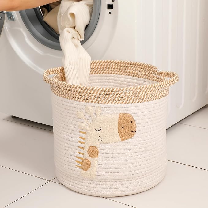 INough Toy Storage Baskets Woven Cotton Rope Storage Basket for Kids, Blanket Baskets for Living Room Toys Organizer with Embroidery Decor, Cute Baskets with Handle for Nursery, Playroom (Giraffe)-BubblyBeeBaby