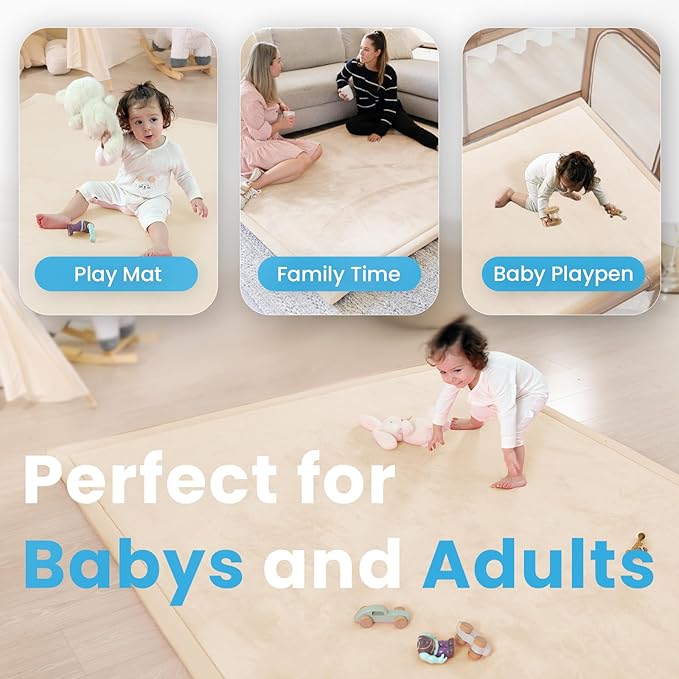 1.3" Thick Baby Play Mat for Floor, 28x72 Foam Tummy Time Mat, Padded Support Soft Plush Bedside Rugs for Infant Kids Toddler Crawling Kick Activity (Beige)-BubblyBeeBaby