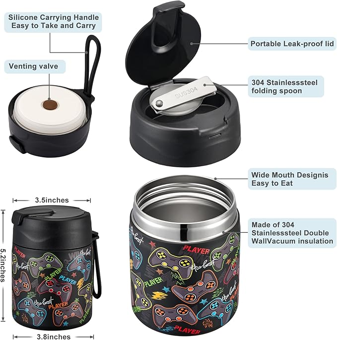 17oz Soup Thermo for Hot Food Kids,Insulated Food Jar with Spoon,Thermo Hot Food Lunch Container,Wide Mouth Leakproof Stainless Steel Lunch Box for School-Black Game-BubblyBeeBaby