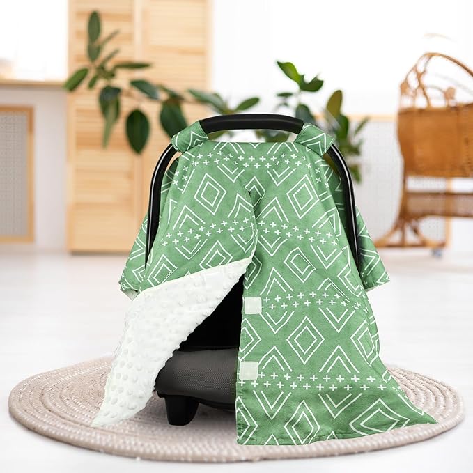 TANOFAR Baby Carseat Canopy, Peekaboo Opening Car Seat Canopy for Babies, Soft and Breathable Infant Carrier Canopy, Multi-use Baby Carrier, Stroller, Nursing Cover, Minky Blanket, Green-BubblyBeeBaby
