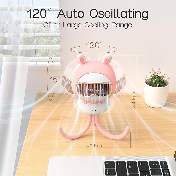 Cute Bunny Stroller Fan Clip On for Baby, Bladeless Fan 4000mAh Rechargeable Battery Operated, Flexible Tripod, 4 Speeds, Auto Oscillating, Small Cooling Fan for Kids-BubblyBeeBaby