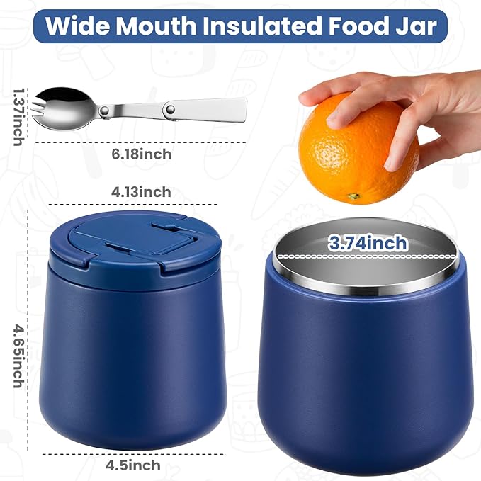 20oz Insulated Vacuum Food Jar with Buckle Lid,Soup Thermo for Hot Food Kids,Wide Mouth Leakproof Stainless Steel Lunch Container with Spoon-Blue-BubblyBeeBaby