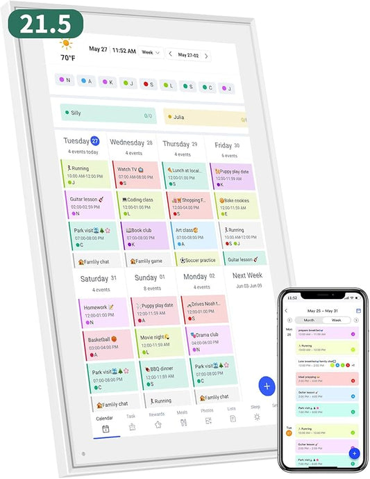 21.5 Inch Smart Digital Calendar – Electronic Chore Chart & Planner with 1920x1080P IPS Touchscreen, Weekly/Monthly Family Organizer for Wall or Desk, White 2025 New Version-BubblyBeeBaby