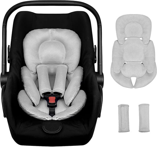 Infant Car Seat Insert for Newborn Girls Boys, Summer Mesh Baby Carseat Head Support with Strap Pads, Soft Reversible Baby Car Seat Insert Cushion Pad for Car Seat, Stroller, Bouncer, Swing, Gray-BubblyBeeBaby