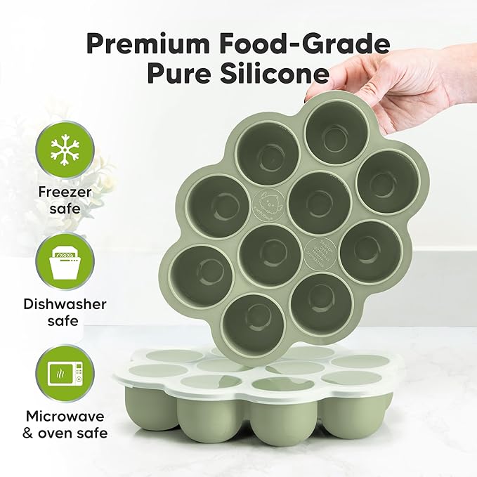 KeaBabies Silicone Food Freezer Trays with Lid, 2oz x 10 Pods Baby Food Storage Containers, Easy Puree Meal Prep, Breast Milk Silicone Freezer Molds, Dishwasher, Microwave Safe, BPA-Free (Sage)-BubblyBeeBaby