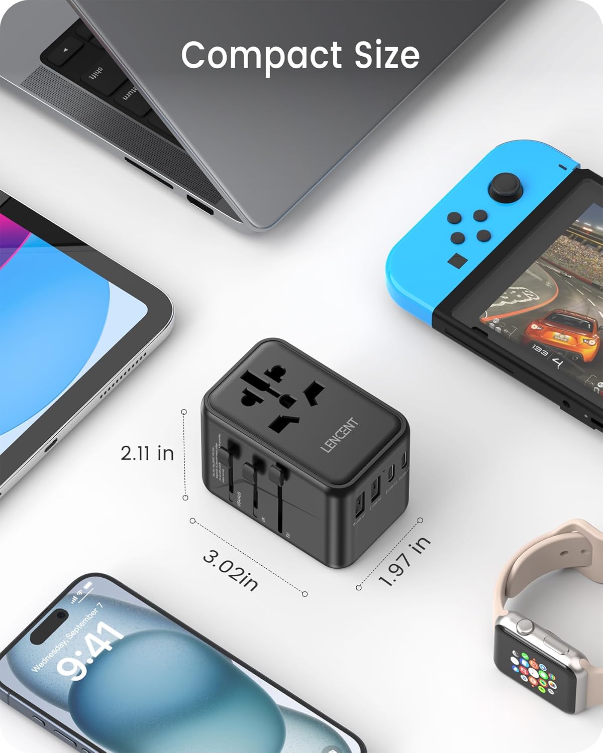 LENCENT Universal Travel Adapter, GaN III 65W International Charger with 2 USB Ports & 3 USB-C PD Fast Charging, All in One Outlet Adaptor for iPhone,Laptops, Type A/C/G/I (USA/UK/EU/AUS)